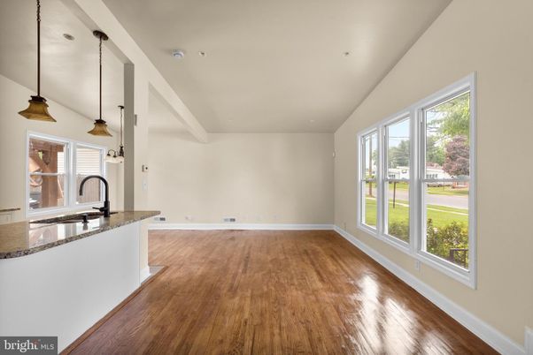 Empty room, Interior, Kitchen, Pendant Lights, Recessed Lighting, Wood Texture Flooring