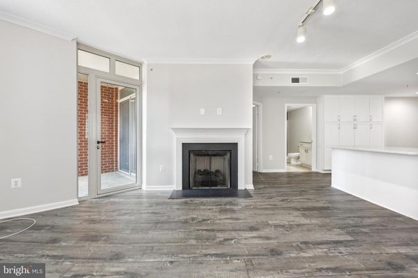 Empty room, Fireplace, Interior, Recessed Lighting, Wood Texture Flooring