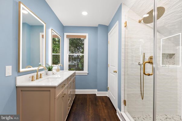 Bathroom, Glass Shower, Interior, Recessed Lighting, Wood Texture Flooring