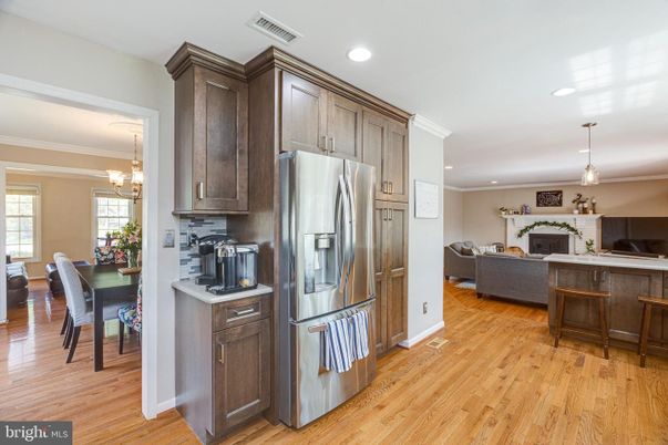 Dining room, Fireplace, Interior, Kitchen, Living room, Pendant Lights, Recessed Lighting, Wood Texture Flooring