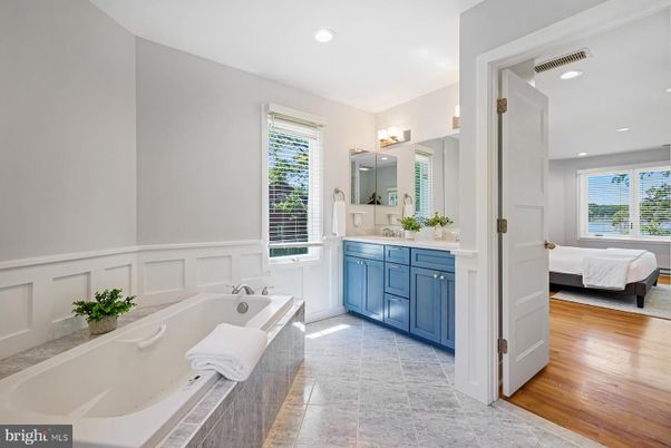 Bathroom, Bedroom, Dual Sink Vanities, Interior, Recessed Lighting, Wood Texture Flooring