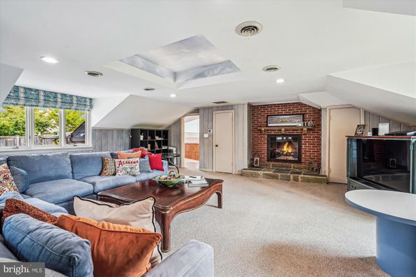 Fireplace, Interior, Living room, Recessed Lighting, Stone Walls