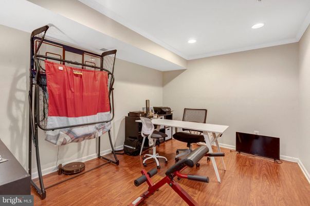 Fitness Equipment, Home Office, Interior, Recessed Lighting, Wood Texture Flooring