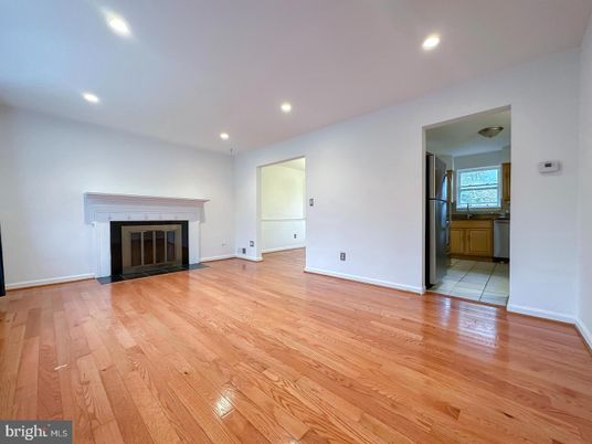 Empty room, Fireplace, Interior, Recessed Lighting, Wood Texture Flooring