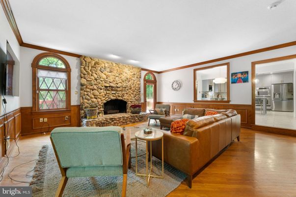 Fireplace, Interior, Kitchen, Living room, Stainless Steel Appliances, Stone Walls, Wood Texture Flooring
