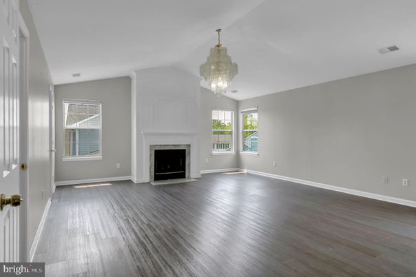 Chandelier, Empty room, Fireplace, Interior, Wood Texture Flooring