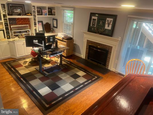 Fireplace, Home Office, Interior, Recessed Lighting, Wood Texture Flooring