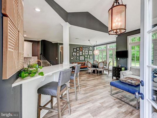 Chandelier, Dining room, Interior, Pendant Lights, Recessed Lighting, Wood Texture Flooring