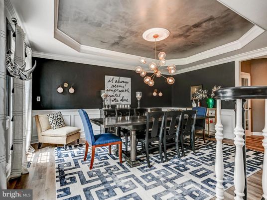 Dining room, Interior, Pendant Lights, Wood Texture Flooring