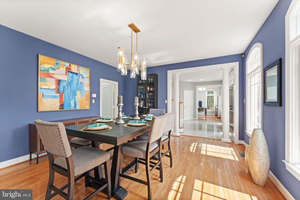 Dining room, Interior, Pendant Lights, Recessed Lighting, Wood Texture Flooring