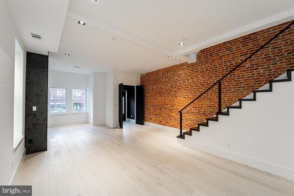 Empty room, Interior, Recessed Lighting, Stone Walls, Wood Texture Flooring