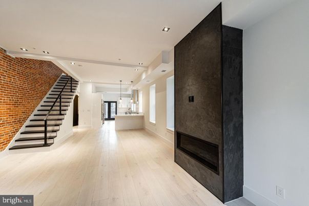 Fireplace, Interior, Pendant Lights, Recessed Lighting, Wood Texture Flooring