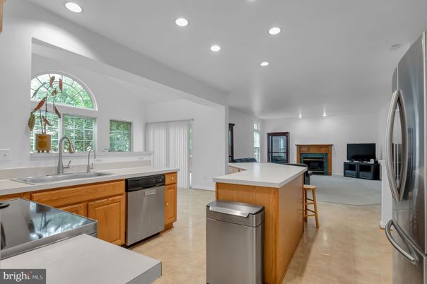 Fireplace, Interior, Kitchen, Recessed Lighting, Stainless Steel Appliances