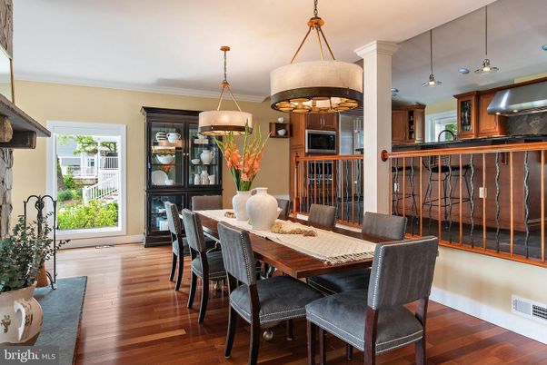 Dining room, Interior, Pendant Lights, Wood Texture Flooring