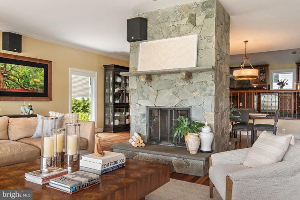 Fireplace, Interior, Living room, Pendant Lights, Stone Walls, Wood Texture Flooring