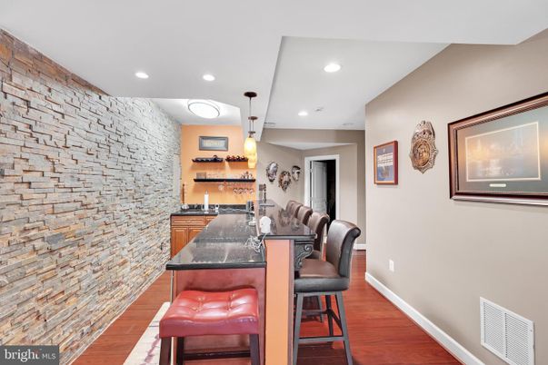 Interior, Pendant Lights, Recessed Lighting, Stone Walls, Wood Texture Flooring