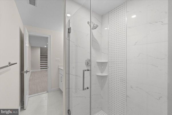Bathroom, Glass Shower, Interior, Marble Walls, Recessed Lighting