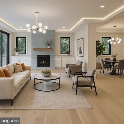 Dining room, Fireplace, Interior, Living room, Pendant Lights, Recessed Lighting, Wood Texture Flooring