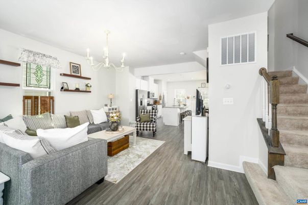 Chandelier, Interior, Kitchen, Living room, Recessed Lighting, Stainless Steel Appliances, Wood Texture Flooring