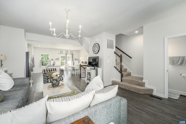Chandelier, Dining room, Interior, Living room, Recessed Lighting, Wood Texture Flooring
