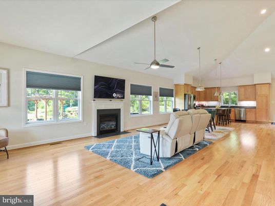 Fireplace, Interior, Kitchen, Living room, Pendant Lights, Recessed Lighting, Stainless Steel Appliances, Wood Texture Flooring