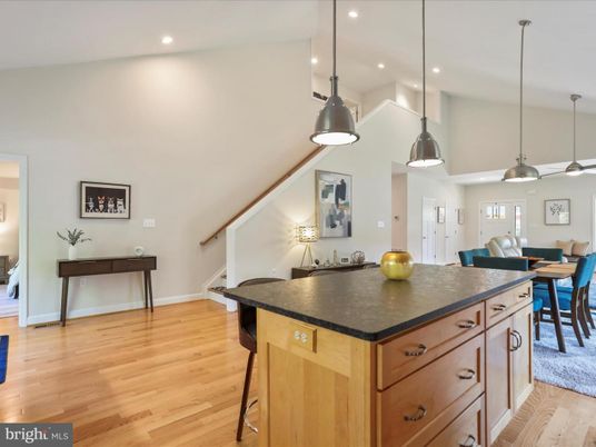 Dining room, Interior, Pendant Lights, Recessed Lighting, Wood Texture Flooring