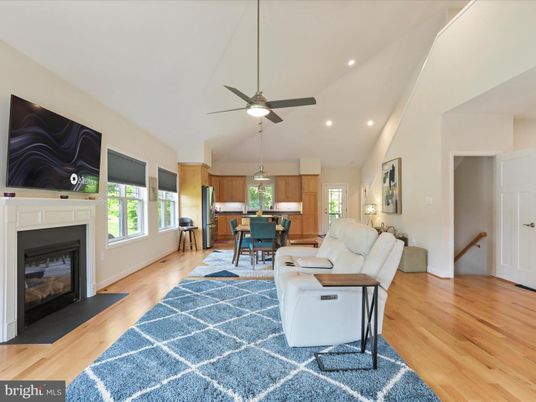 Dining room, Fireplace, Interior, Kitchen, Living room, Pendant Lights, Recessed Lighting, Wood Texture Flooring