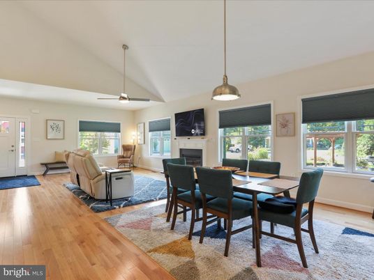 Dining room, Fireplace, Interior, Living room, Pendant Lights, Wood Texture Flooring
