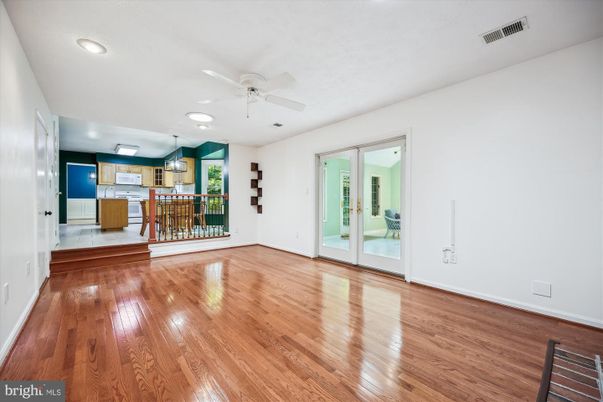Empty room, Interior, Kitchen, Pendant Lights, Recessed Lighting, Wood Texture Flooring