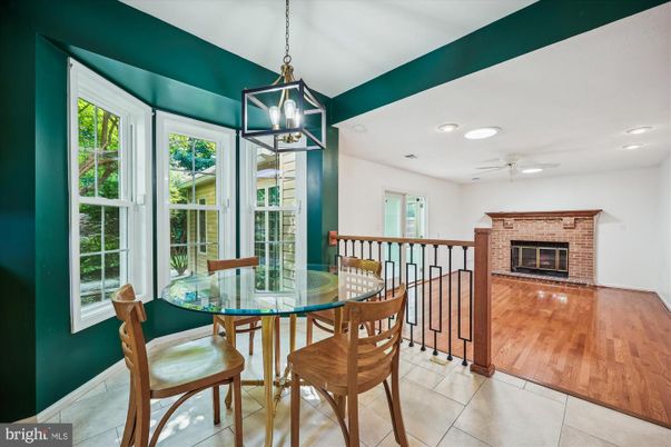 Dining room, Fireplace, Interior, Pendant Lights, Recessed Lighting, Wood Texture Flooring
