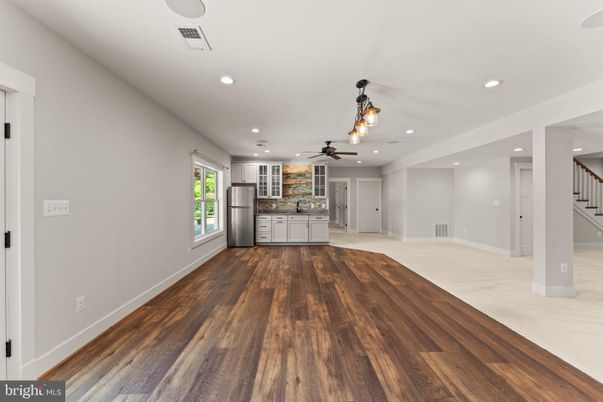 Empty room, Interior, Kitchen, Pendant Lights, Recessed Lighting, Wood Texture Flooring
