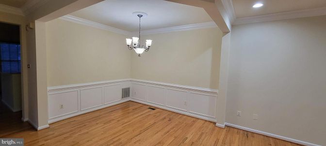 Chandelier, Empty room, Interior, Recessed Lighting, Wood Texture Flooring