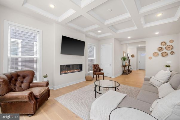 Fireplace, Interior, Living room, Recessed Lighting, Wood Texture Flooring