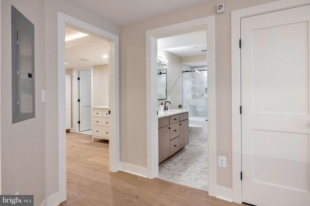 Bathroom, Interior, Marble, Marble Walls, Recessed Lighting, Wood Texture Flooring