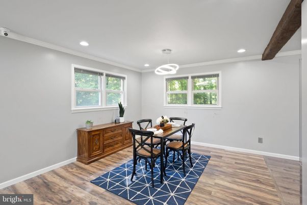 Dining room, Interior, Pendant Lights, Recessed Lighting, Wooden Beams, Wood Texture Flooring