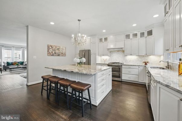 Chandelier, Interior, Kitchen, Recessed Lighting, Stainless Steel Appliances, Wood Texture Flooring