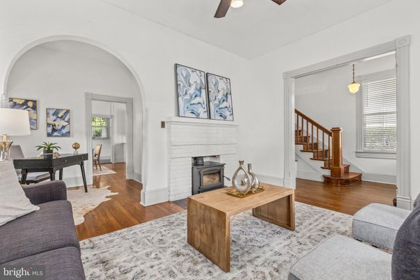 Fireplace, Home Office, Interior, Living room, Pendant Lights, Wood Texture Flooring