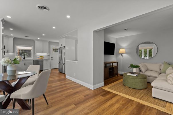 Dining room, Interior, Kitchen, Living room, Recessed Lighting, Stainless Steel Appliances, Wood Texture Flooring
