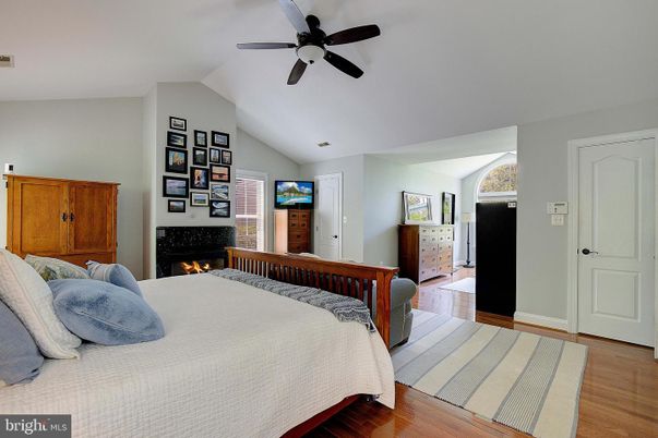 Bedroom, Fireplace, Interior, Wood Texture Flooring