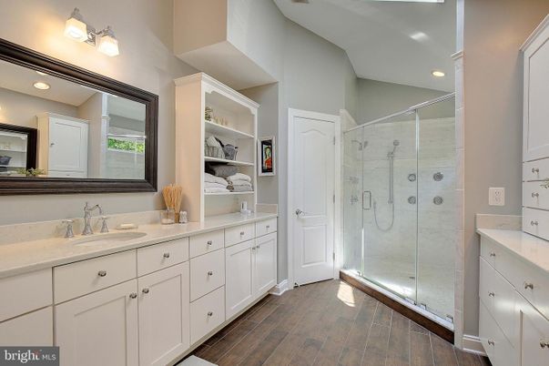 Bathroom, Glass Shower, Interior, Recessed Lighting, Wood Texture Flooring