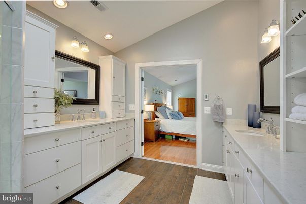 Bathroom, Bedroom, Dual Sink Vanities, Interior, Recessed Lighting, Wood Texture Flooring