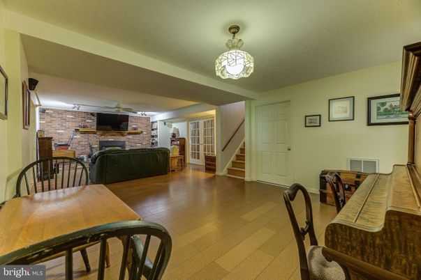 Dining room, Fireplace, Interior, Stone Walls, Wood Texture Flooring