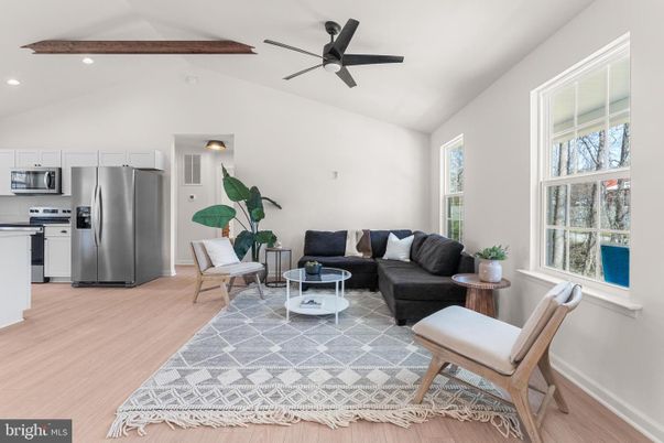Interior, Kitchen, Living room, Recessed Lighting, Stainless Steel Appliances, Wooden Beams, Wood Texture Flooring