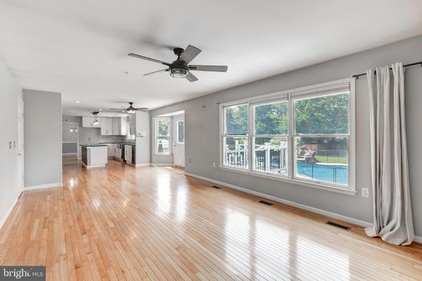 Empty room, Interior, Kitchen, Recessed Lighting, Wood Texture Flooring