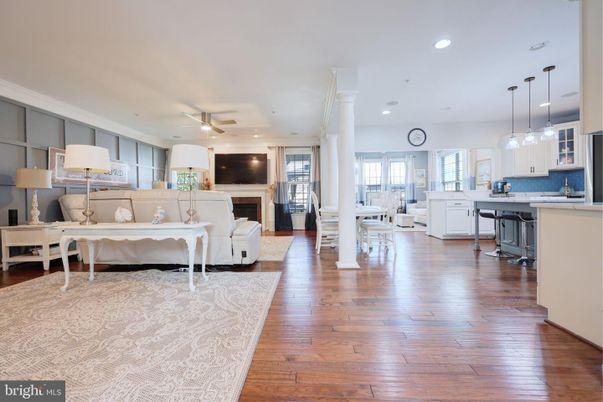 Dining room, Fireplace, Interior, Kitchen, Living room, Pendant Lights, Recessed Lighting, Wood Texture Flooring