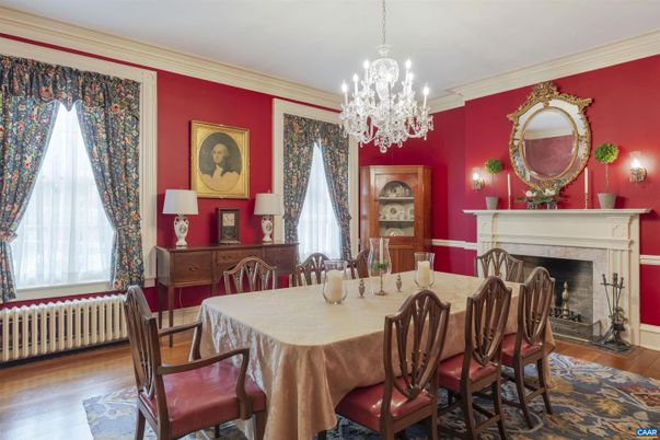Chandelier, Dining room, Fireplace, Interior, Wood Texture Flooring