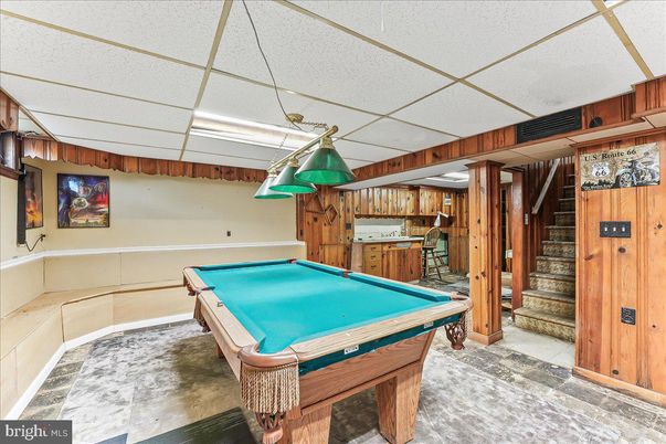Billiard Table, Game Room, Interior, Pendant Lights, Wooden Walls