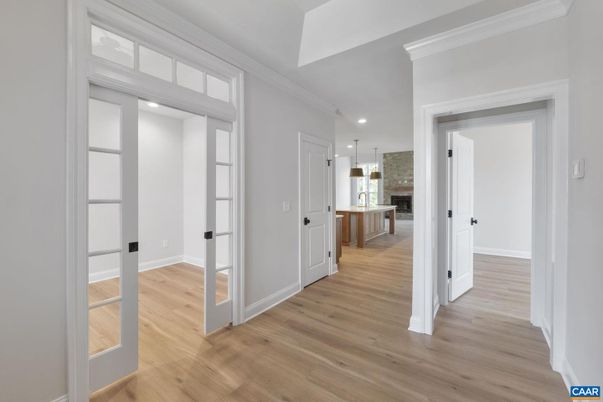 Empty room, Fireplace, Interior, Pendant Lights, Recessed Lighting, Wood Texture Flooring