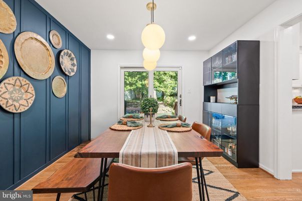 Dining room, Interior, Pendant Lights, Recessed Lighting, Wood Texture Flooring