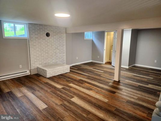 Empty room, Interior, Recessed Lighting, Stone Walls, Wood Texture Flooring